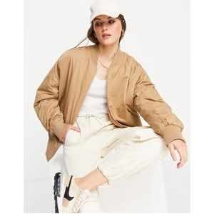 Topshop Cotton Oversized Bomber Jacket Taupe Small New